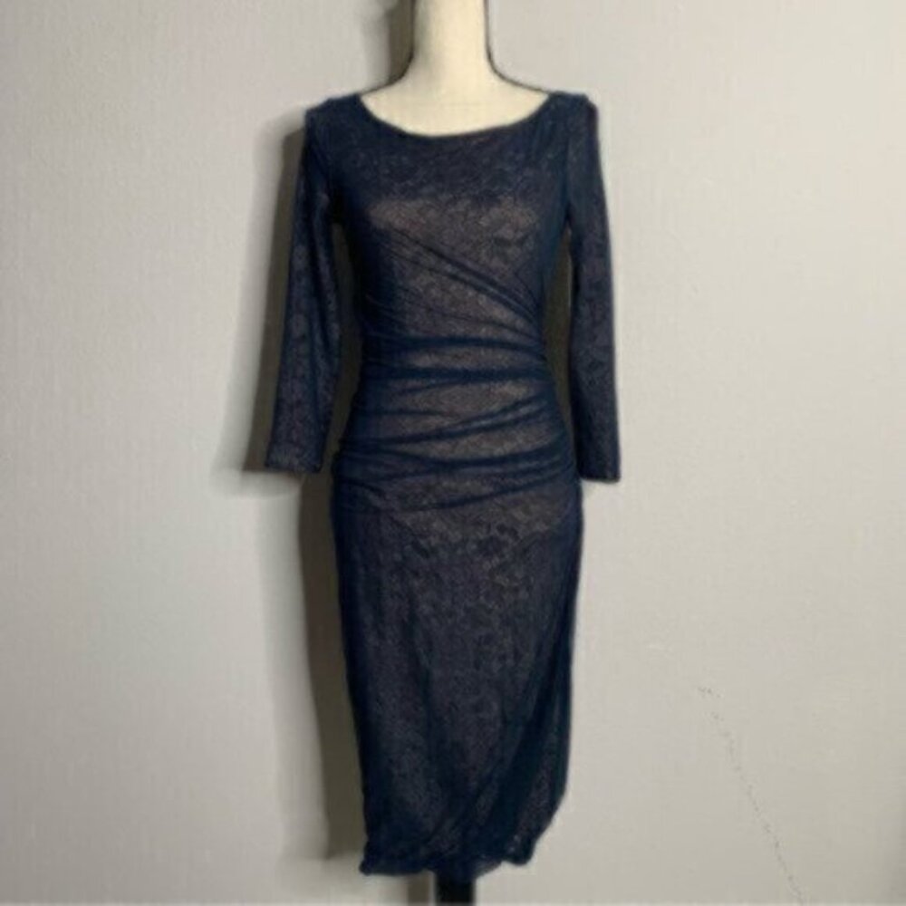 Reiss Dark Blue Lace Sheer Underlay Ruched Bodycon Midi Dress - Picture 4 of 13